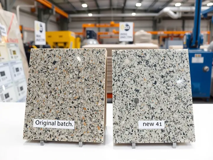 首批板材与补货板材的样品对比，颜色纹理一致。