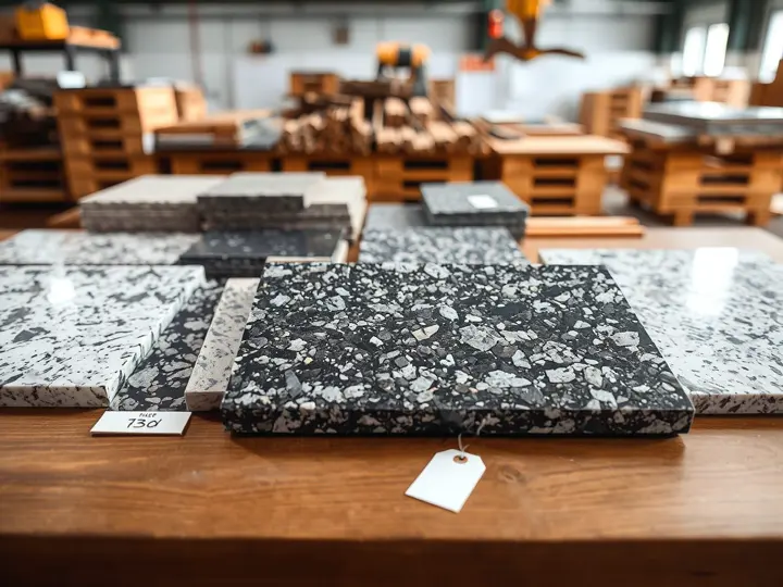 多种花岗石样品，表面处理方式包括火烧面、荔枝面和抛光面